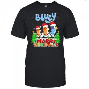 Bluey Merry Christmas Cartoon Dog Family And Santa Hats Shirt
